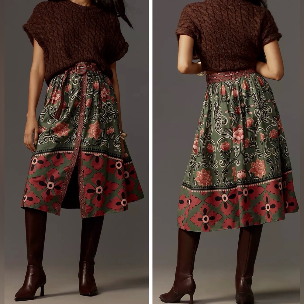 Farm Rio Arabesque Buttons Midi Skirt, Size XS/S